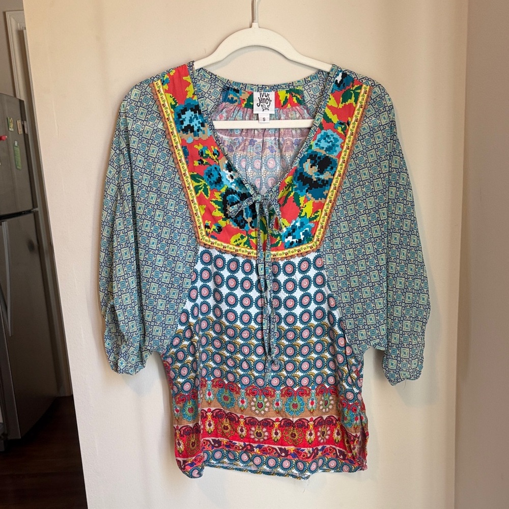ivy jane Multi-Color Boho V-Neck Tie Tunic - Teal, Red, Yellow